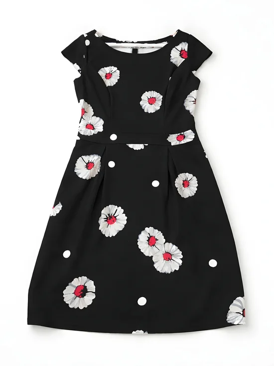 Black Floral A-Line Dress Size M Back Daisy Print  Fit & Flare Minimalist Retro - Picture 4 of 14